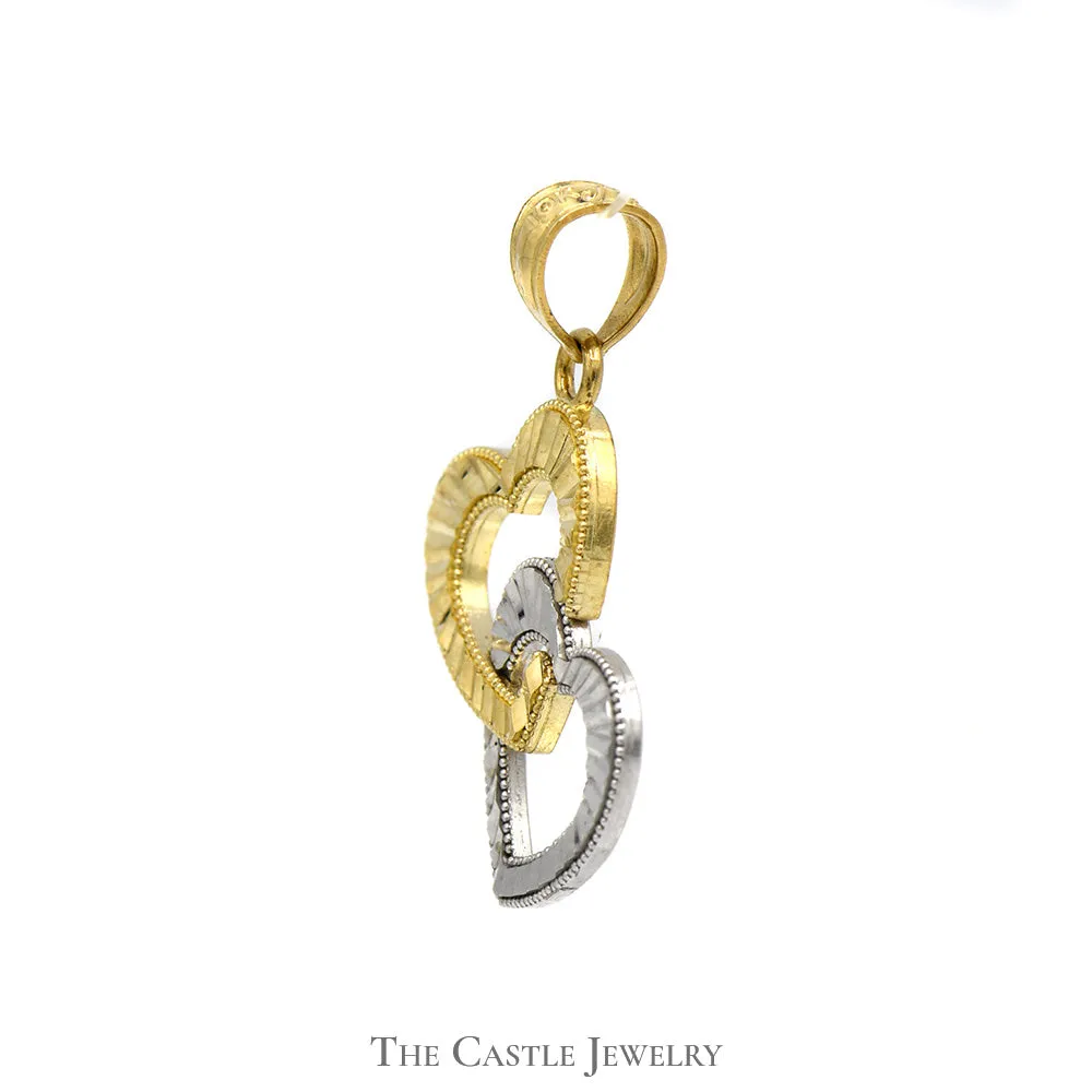 10k Two Tone Diamond Cut Interlocking Heart Pendant in 10k White and Yellow Gold