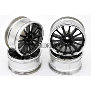 1/10 RC Car 14 Spoke 3mm Offset Drift 26mm Wheel Rim Set - Black / Silver