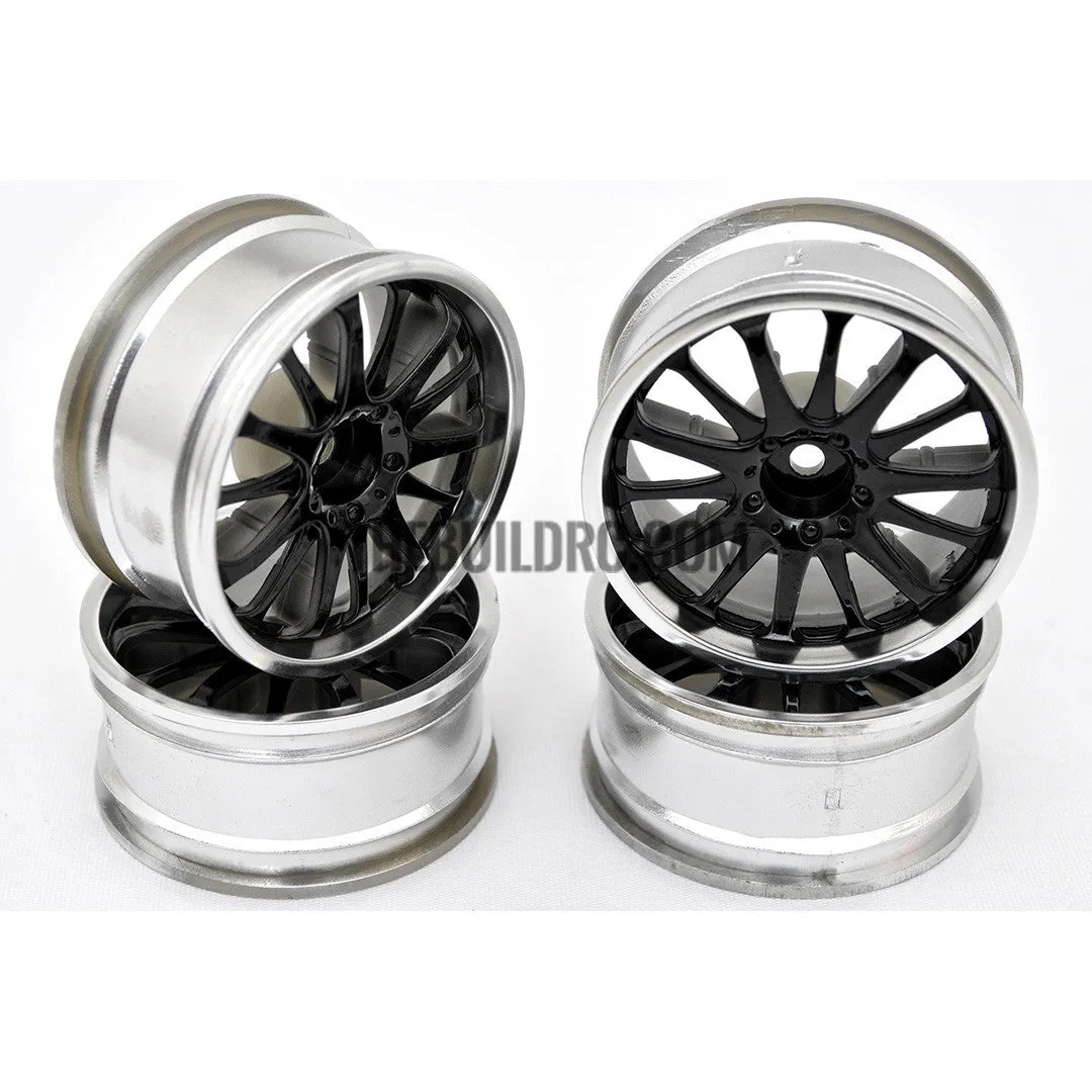 1/10 RC Car 14 Spoke 3mm Offset Drift 26mm Wheel Rim Set - Black / Silver