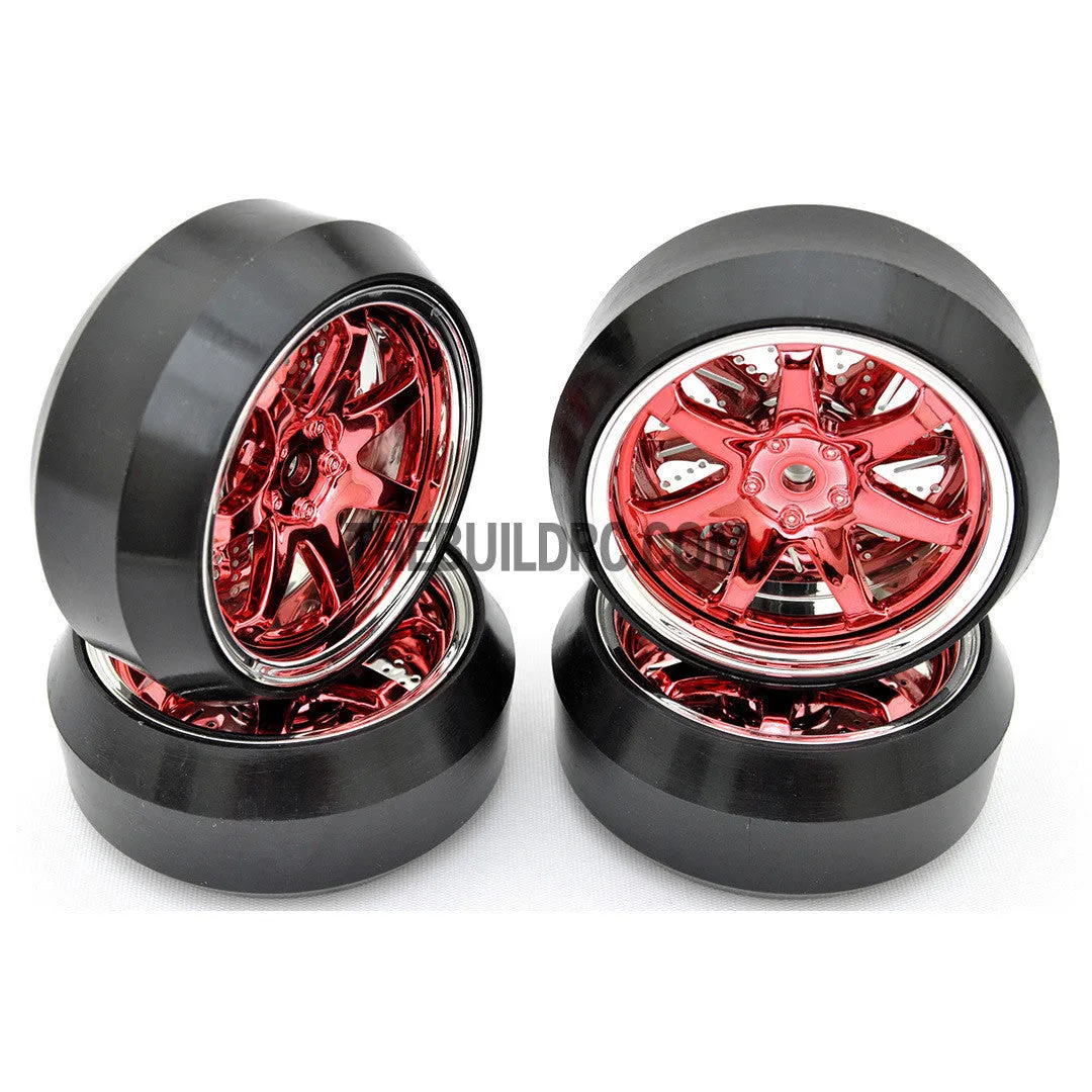 1/10 RC Car 7 Spoke 3mm Offset DRIFT Sporty Wheel with Diamond Irregular Cut DRIFT Tyres / Tires 4pcs - Red
