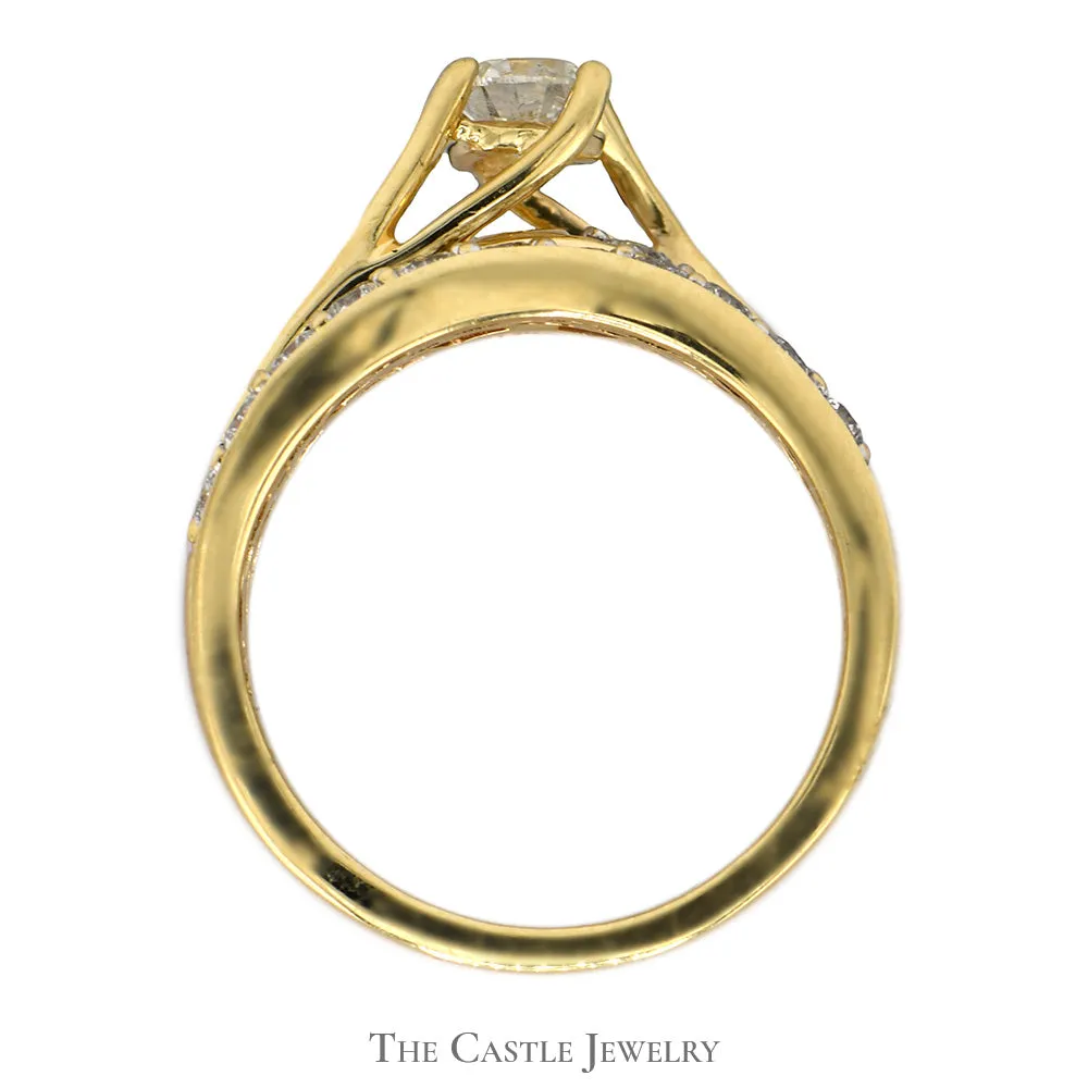 1.25cttw Round Diamond Solitaire Bridal Set with Accents and Matching Band in 14k Yellow Gold