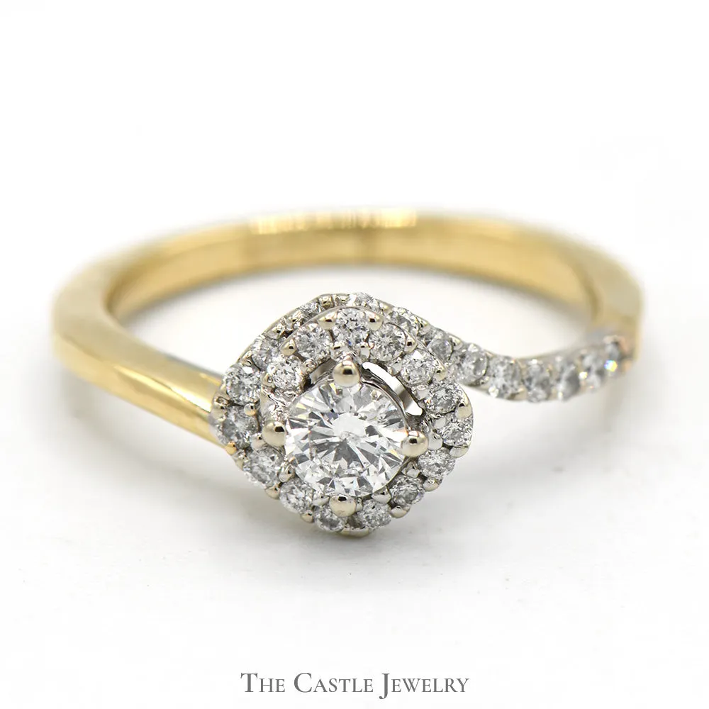 1/2cttw Bypass Diamond Solitaire Ring with Diamond Halo and Accents in 14k Yellow Gold