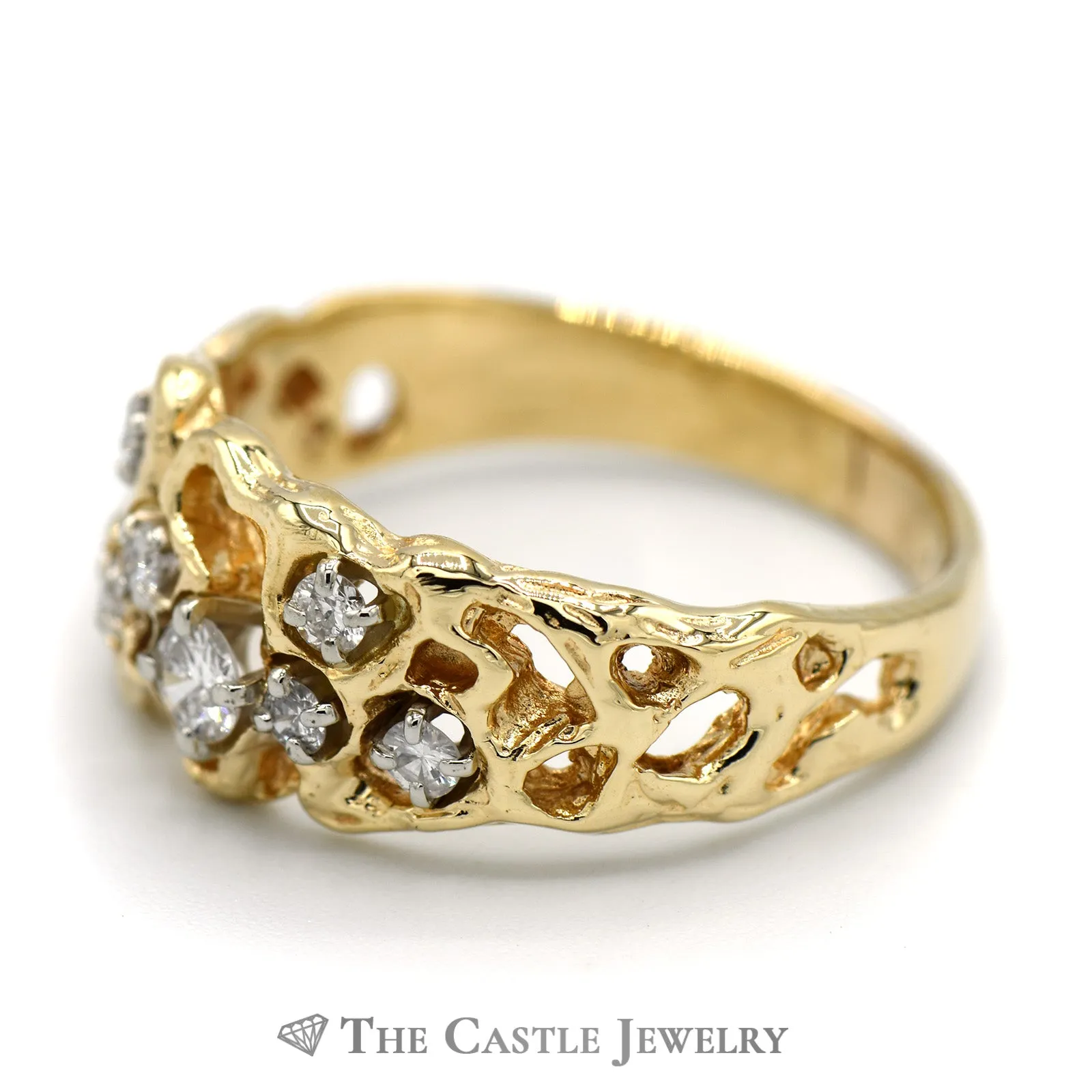 1/2cttw Round Diamond Cluster Ring set in 14k Yellow Gold Nugget Mounting