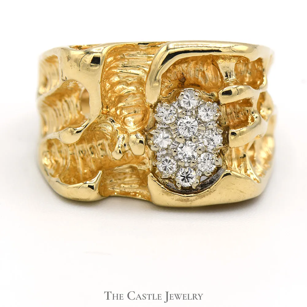 1/4cttw Oval Shaped Diamond Cluster Ring in Open Nugget Designed 14k Yellow Gold Mounting