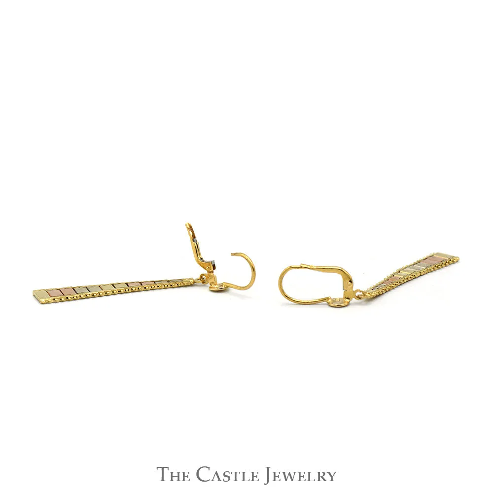 14k Tri-Gold Flat Beaded Dangle Earrings with Leverback Posts