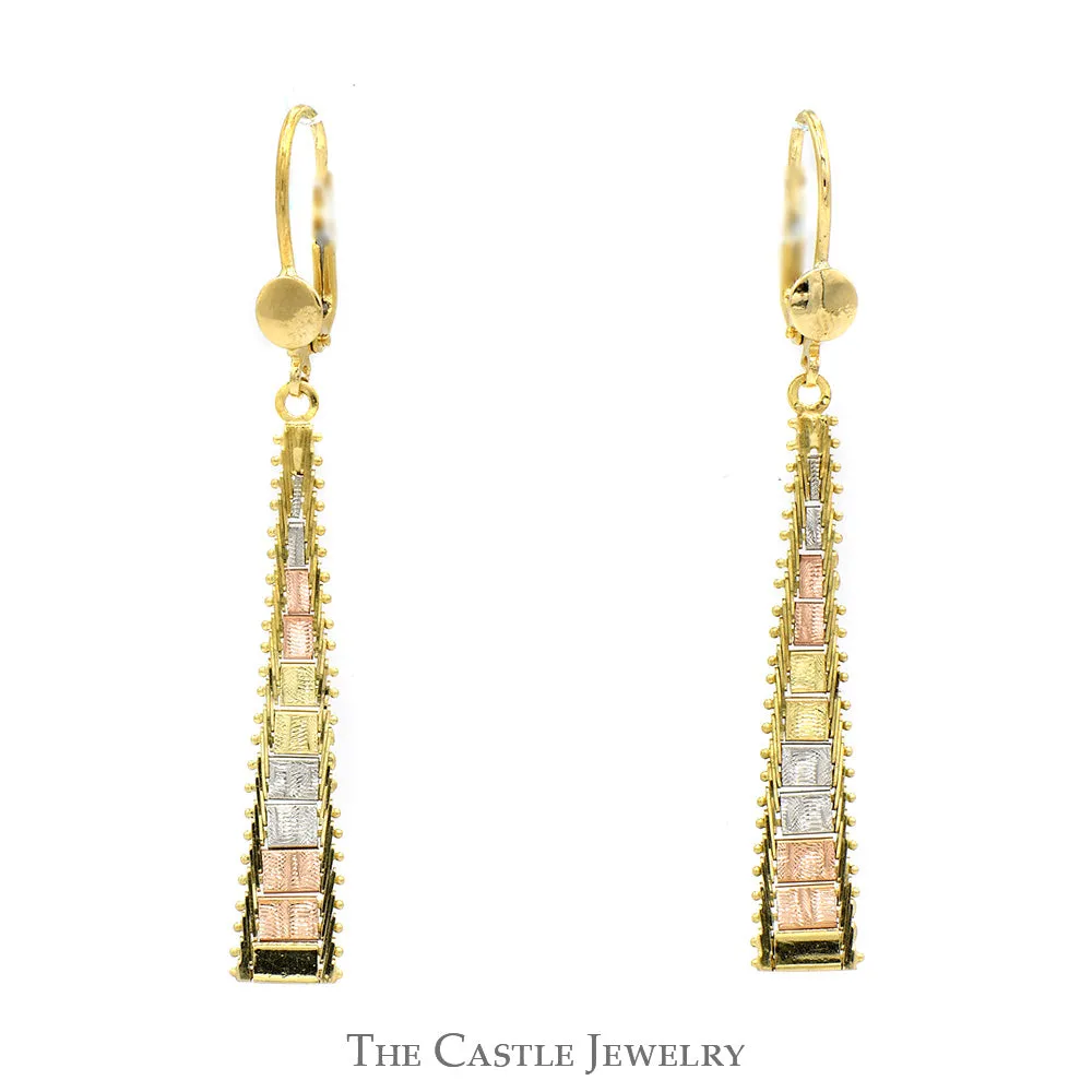 14k Tri-Gold Flat Beaded Dangle Earrings with Leverback Posts