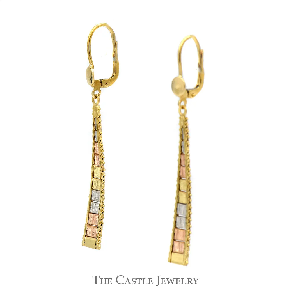 14k Tri-Gold Flat Beaded Dangle Earrings with Leverback Posts