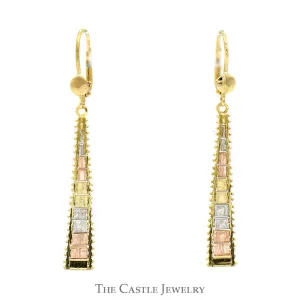 14k Tri-Gold Flat Beaded Dangle Earrings with Leverback Posts