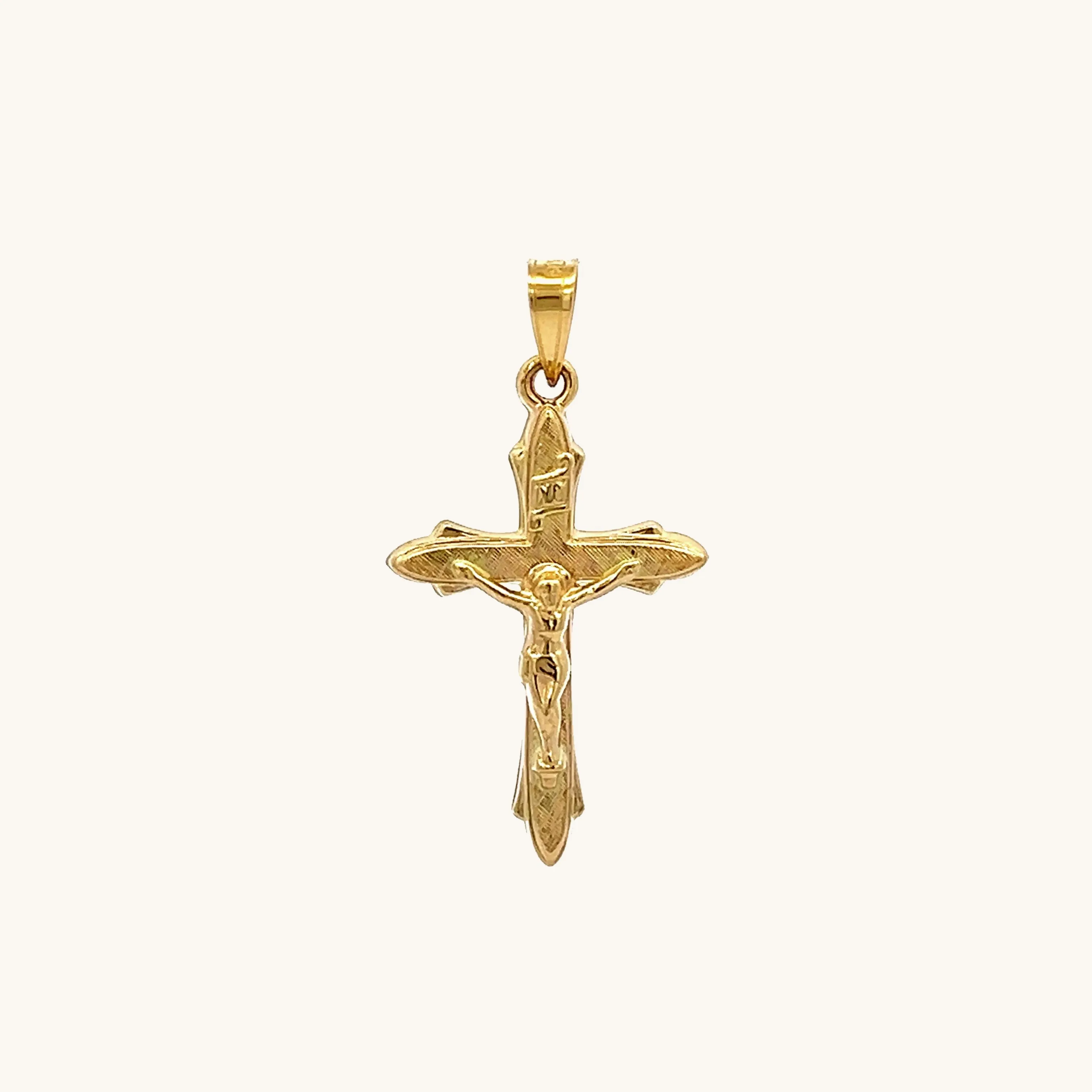 14K YELLOW GOLD TEXTURED SMALL INRI CRUCIFIX PENDANT
