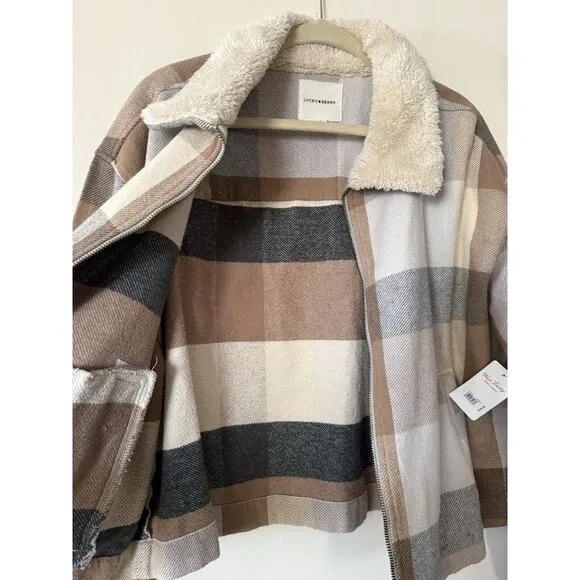 $170 NWT Lucky Brand Cropped Boxy Jacket Faux Shearling Collar Tan Blue Plaid