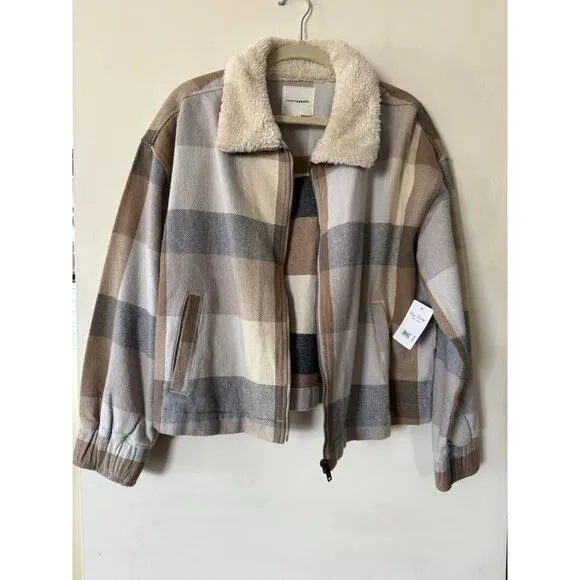 $170 NWT Lucky Brand Cropped Boxy Jacket Faux Shearling Collar Tan Blue Plaid