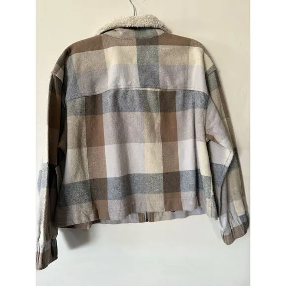 $170 NWT Lucky Brand Cropped Boxy Jacket Faux Shearling Collar Tan Blue Plaid