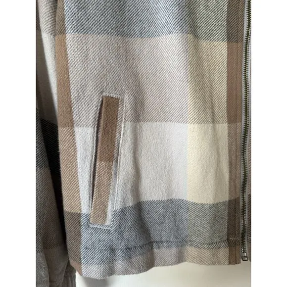$170 NWT Lucky Brand Cropped Boxy Jacket Faux Shearling Collar Tan Blue Plaid