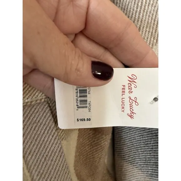 $170 NWT Lucky Brand Cropped Boxy Jacket Faux Shearling Collar Tan Blue Plaid