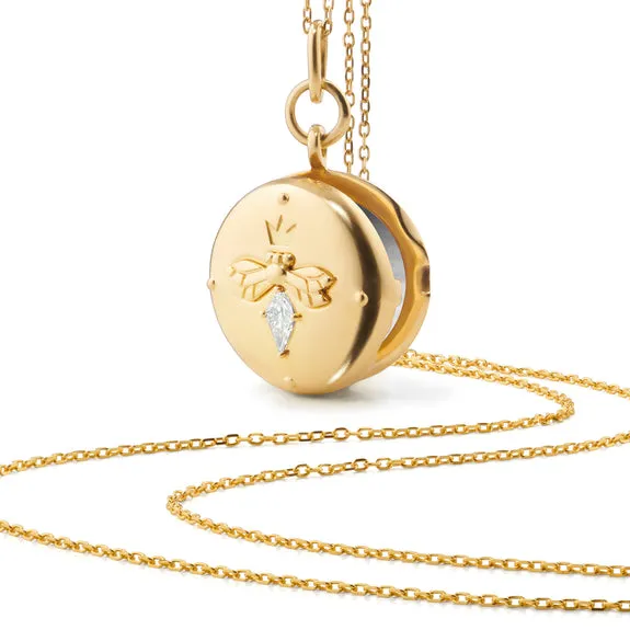 18K YELLOW GOLD ROUND BEE LOCKET WITH DIAMOND NECKLACE