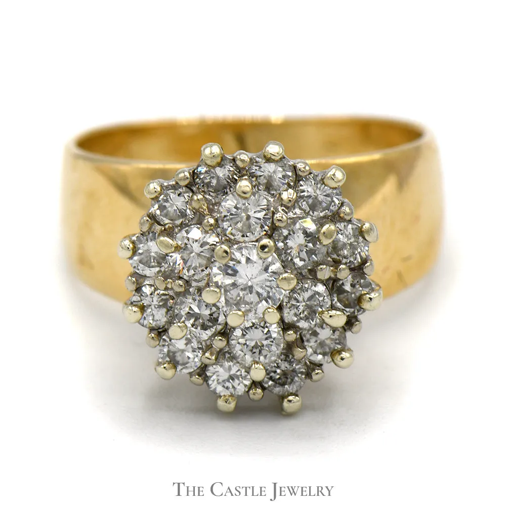 1cttw Diamond Cluster Ring in Wide 14k Yellow Gold Band Setting