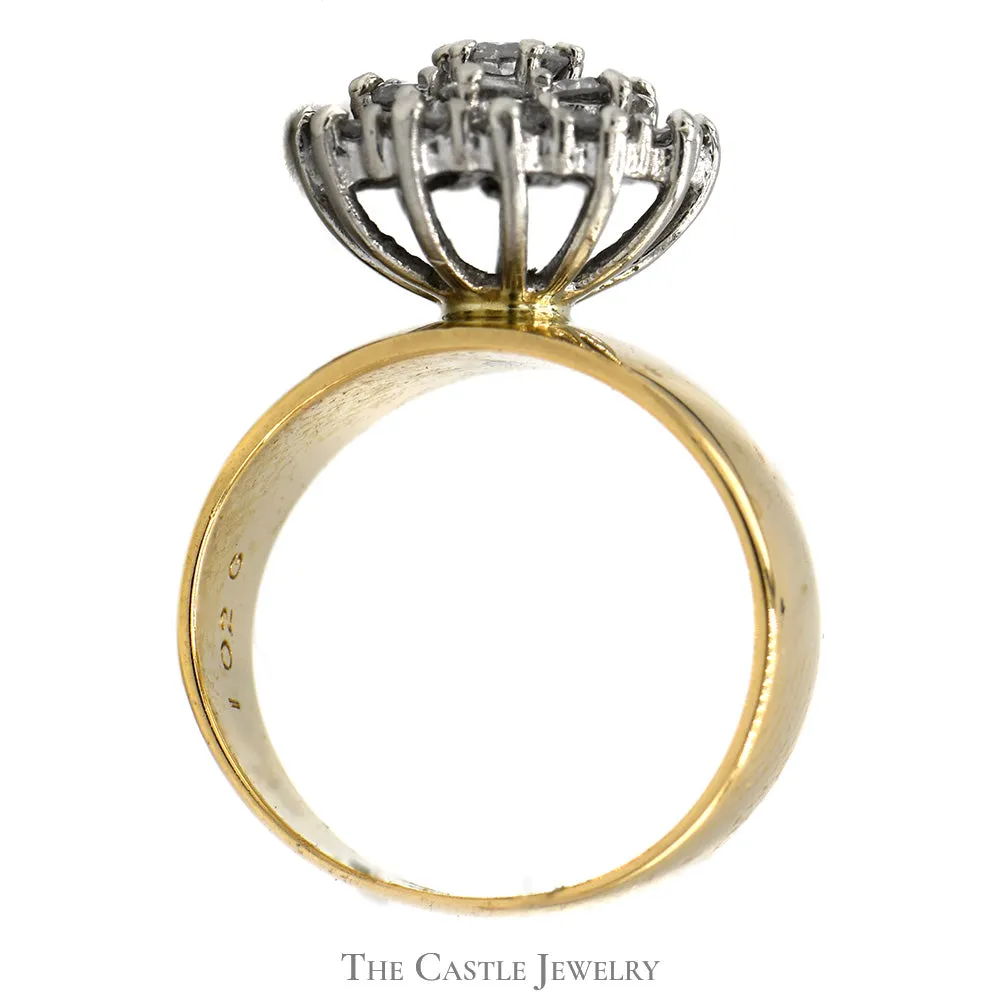 1cttw Diamond Cluster Ring in Wide 14k Yellow Gold Band Setting