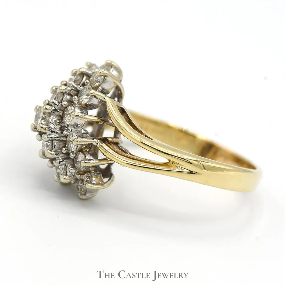 1cttw Diamond Diagonal Waterfall Cluster Ring in 14k Yellow Gold Curved Split Shank Setting