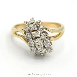 1cttw Diamond Diagonal Waterfall Cluster Ring in 14k Yellow Gold Curved Split Shank Setting