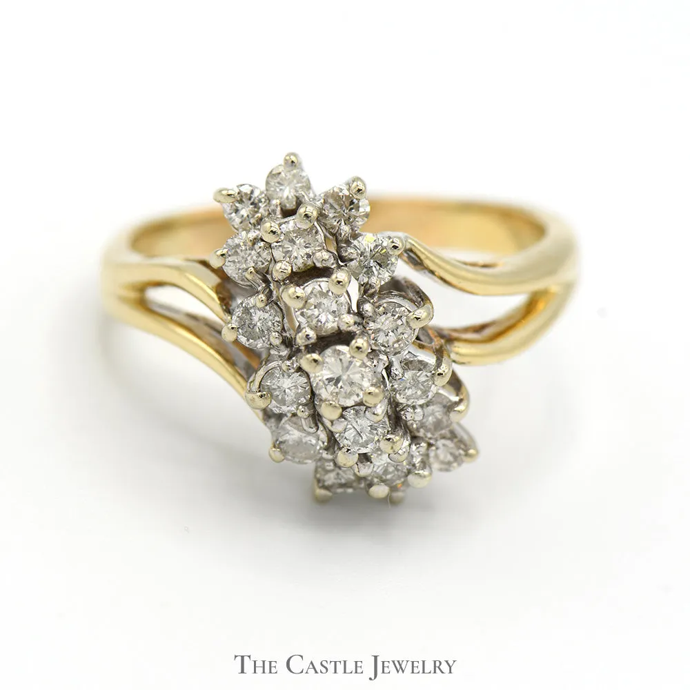 1cttw Diamond Diagonal Waterfall Cluster Ring in 14k Yellow Gold Curved Split Shank Setting