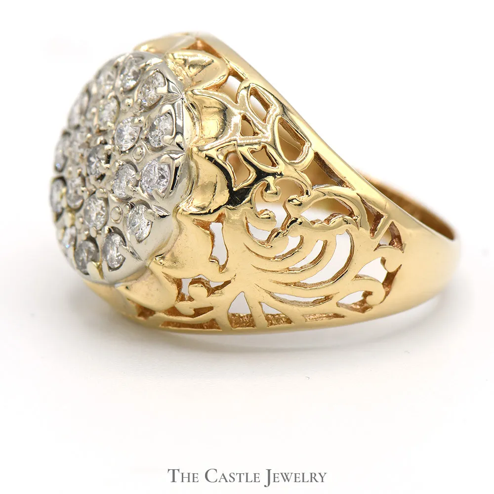 1cttw Kentucky Diamond Cluster Ring in 14k Yellow Gold Filigree Mounting