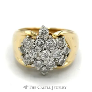 1cttw Marquise Shaped Round Diamond Cluster Ring in 14k Yellow Gold