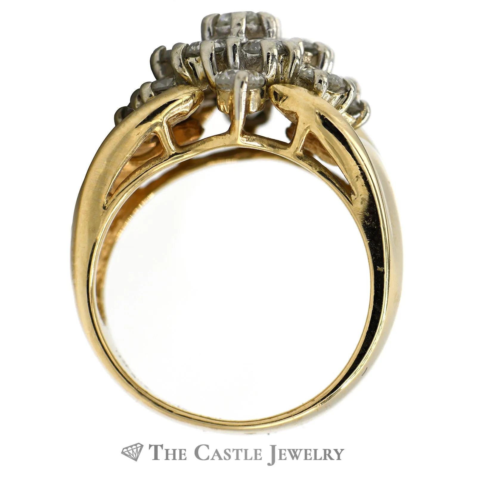 1cttw Marquise Shaped Round Diamond Cluster Ring in 14k Yellow Gold
