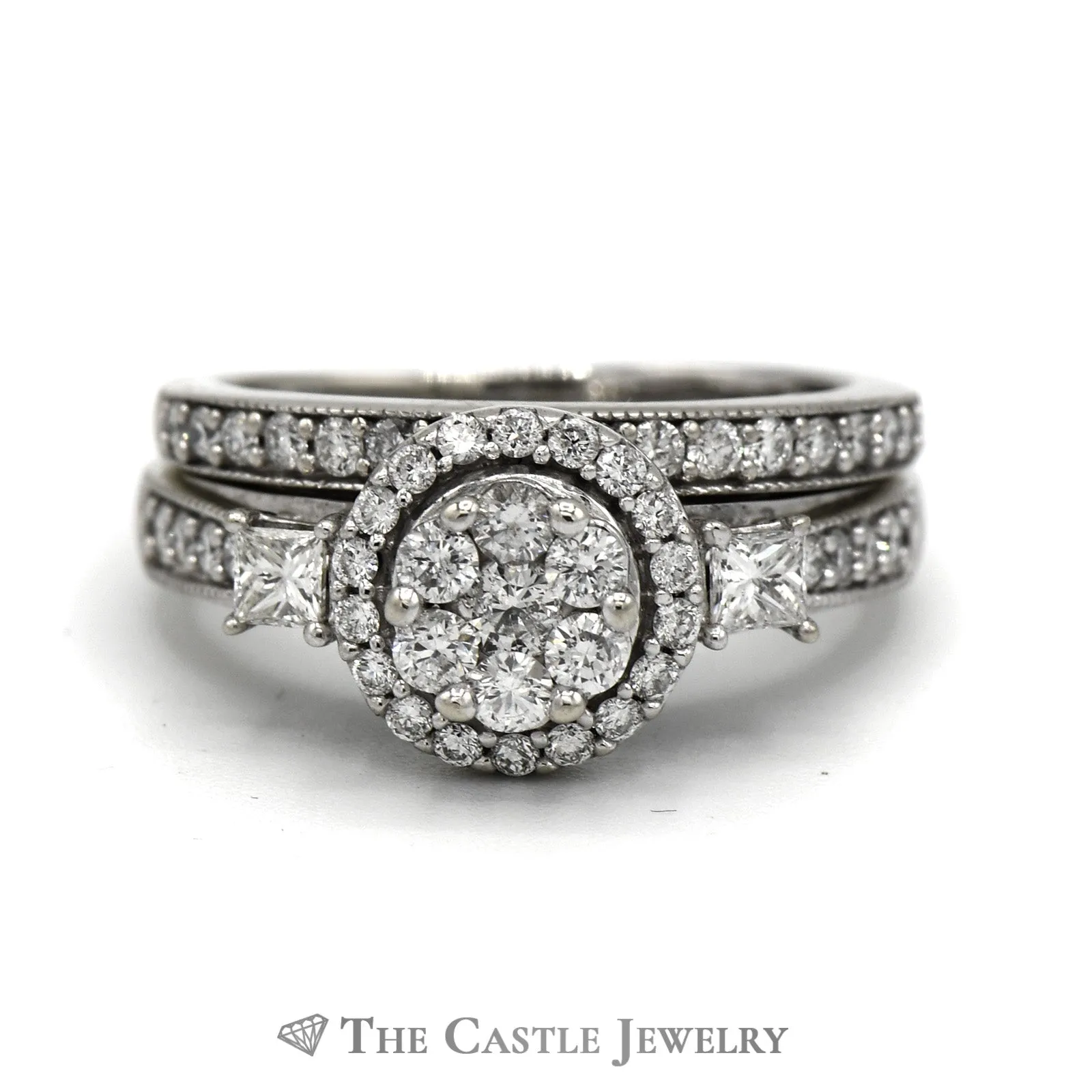 1cttw Round Shaped Diamond Cluster Bridal Set with Diamond Halo and Accents and Matching Diamond Band in 10k White Gold