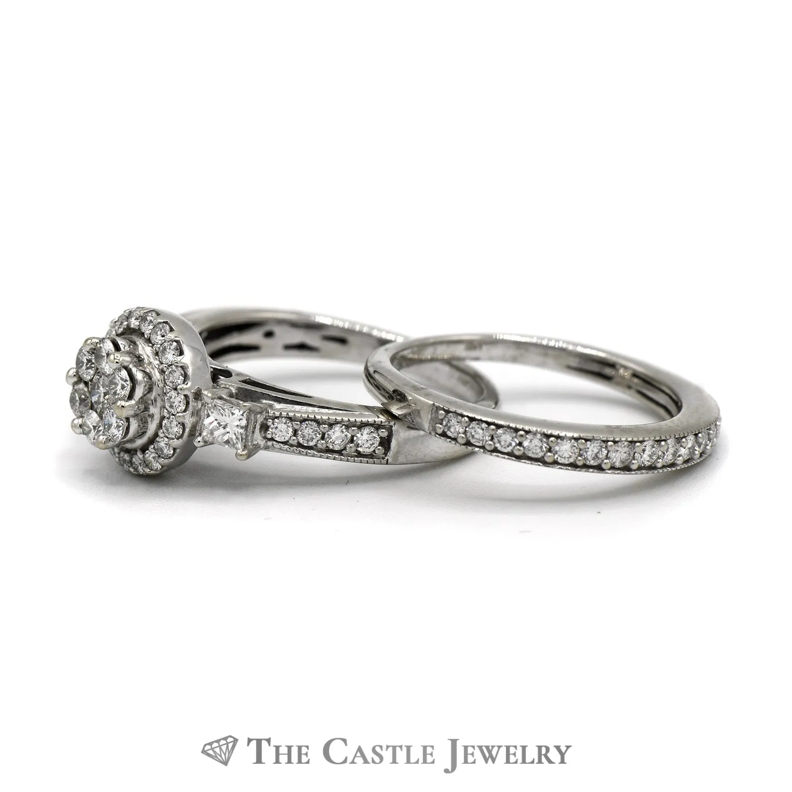 1cttw Round Shaped Diamond Cluster Bridal Set with Diamond Halo and Accents and Matching Diamond Band in 10k White Gold