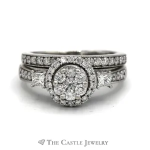 1cttw Round Shaped Diamond Cluster Bridal Set with Diamond Halo and Accents and Matching Diamond Band in 10k White Gold