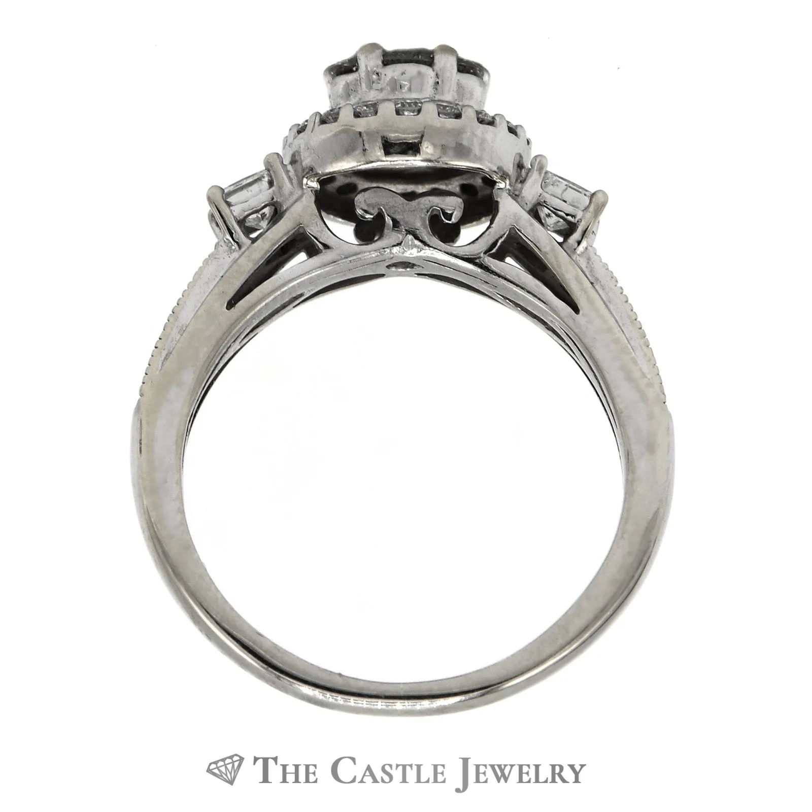 1cttw Round Shaped Diamond Cluster Bridal Set with Diamond Halo and Accents and Matching Diamond Band in 10k White Gold