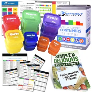 21 Day LABELED Efficient Nutrition Portion Control Containers Kit (14-Piece)   COMPLETE GUIDE   21 DAY PLANNER eBOOK   RECIPE eBOOK, BPA FREE Color Coded Meal Prep System for Diet and Weight Loss