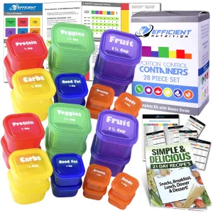 21 Day LABELED Efficient Nutrition Portion Control Containers Kit (28-Piece)   COMPLETE GUIDE   21 DAY PLANNER   RECIPE eBOOK, BPA FREE Color Coded Meal Prep System for Diet and Weight Loss