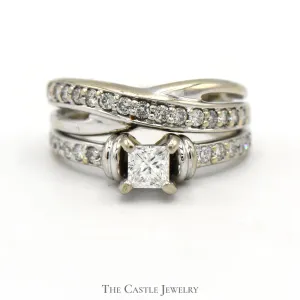 3/4cttw Princess Cut Diamond Bridal Set with Accents and Matching Twisted Band in 14k White Gold
