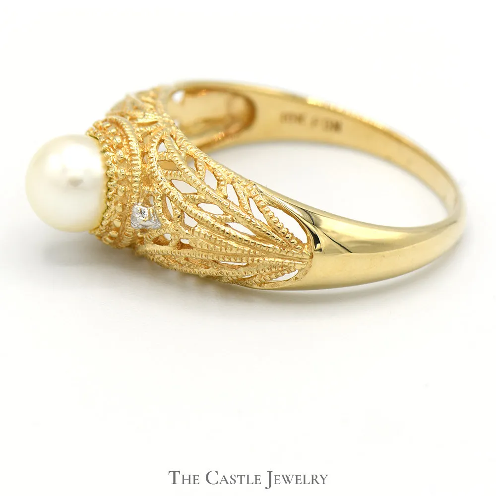 6mm Pearl Solitaire Ring with Diamond Accents in 10k Yellow Gold Domed Filigree Setting