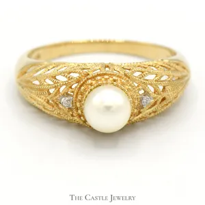 6mm Pearl Solitaire Ring with Diamond Accents in 10k Yellow Gold Domed Filigree Setting