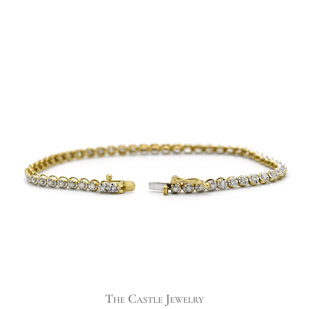 7 Inch 1cttw Illusion Set Round Diamond Link Tennis Bracelet in 10k Yellow Gold