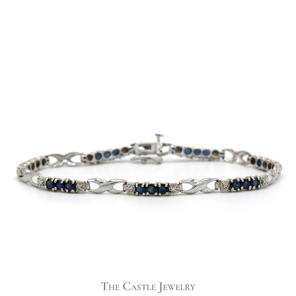 7 Inch Triple Sapphire and Diamond Link Bracelet in 10k White Gold