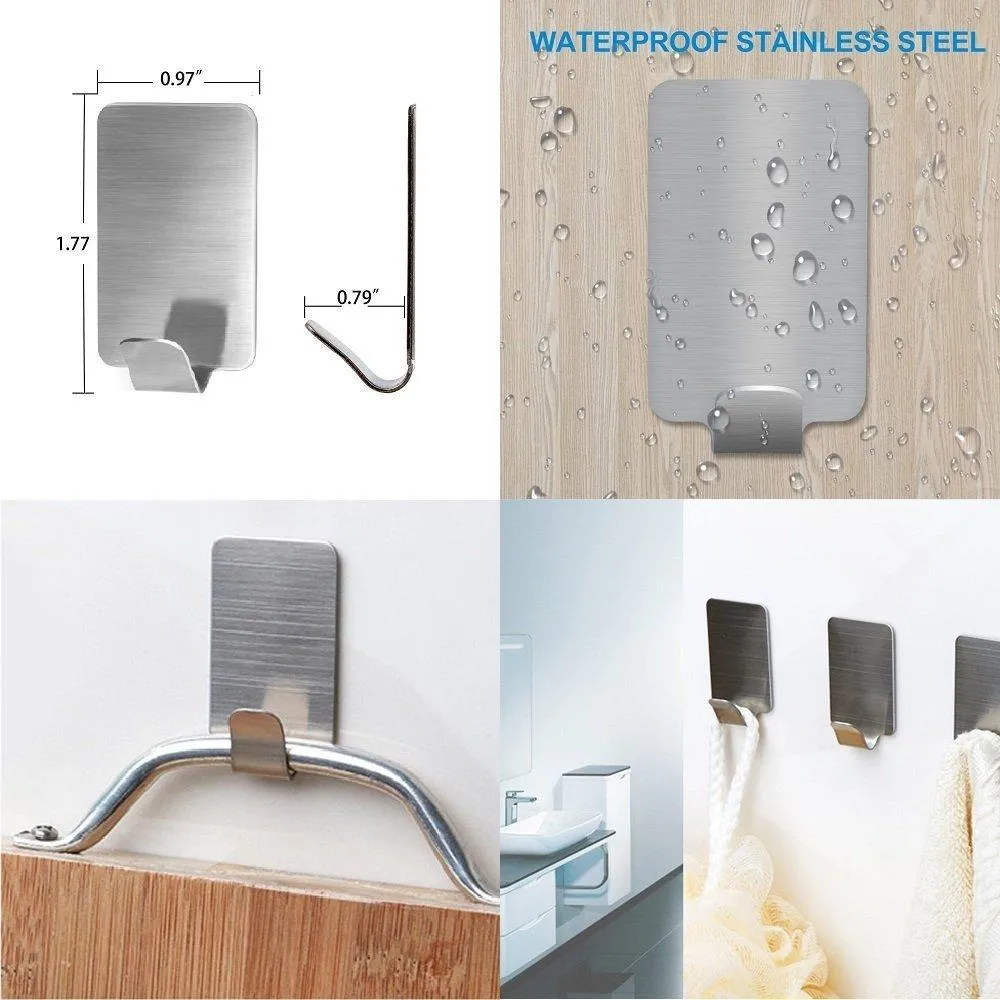 Adhesive Hooks, 16 Pack 3M Self Adhesive Wall Hooks for Key Robe Coat Towel, Heavy Duty Stainless Steel Wall Mount Hooks,for Kitchen Bathroom Toilet