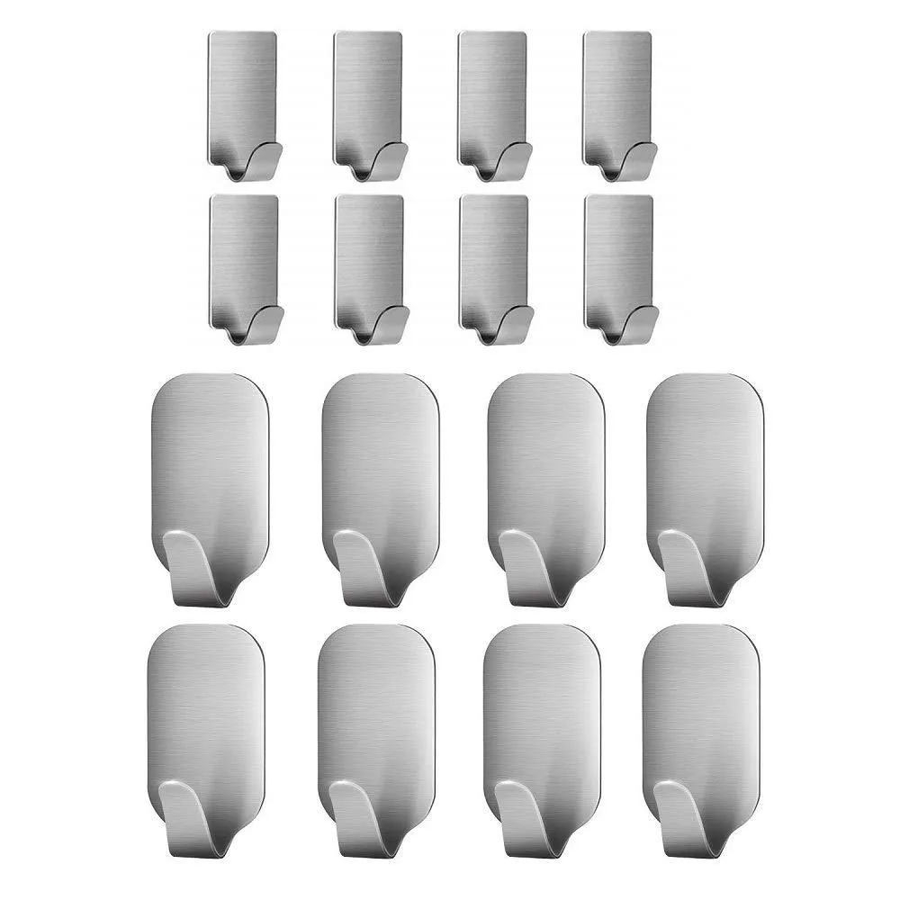 Adhesive Hooks, 16 Pack 3M Self Adhesive Wall Hooks for Key Robe Coat Towel, Heavy Duty Stainless Steel Wall Mount Hooks,for Kitchen Bathroom Toilet