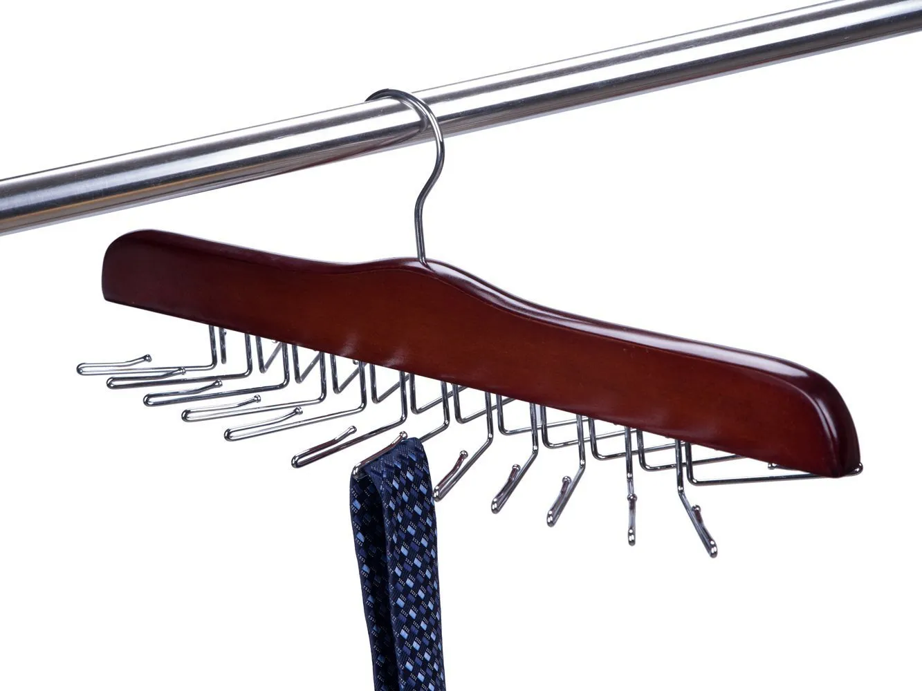 Amber Home Gugertree Wood Multifunctional Accessories Tie Belt Scarf Rack Hanger Holder Hook, Adjustable Clips for 24 Ties, 1-Pack (Chrome Hook)
