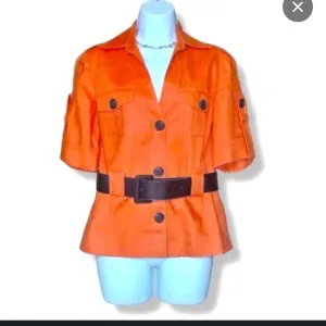 Anne Klein orange short sleeve linen top w buttons &amp; belt loops layering piece