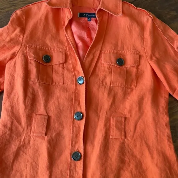 Anne Klein orange short sleeve linen top w buttons &amp; belt loops layering piece