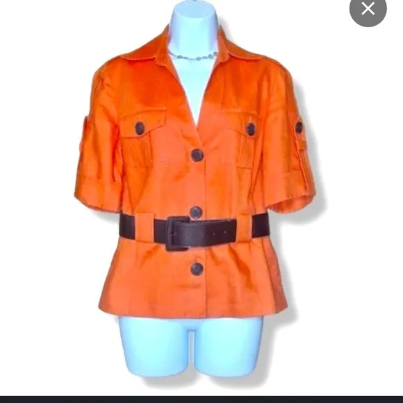 Anne Klein orange short sleeve linen top w buttons &amp; belt loops layering piece
