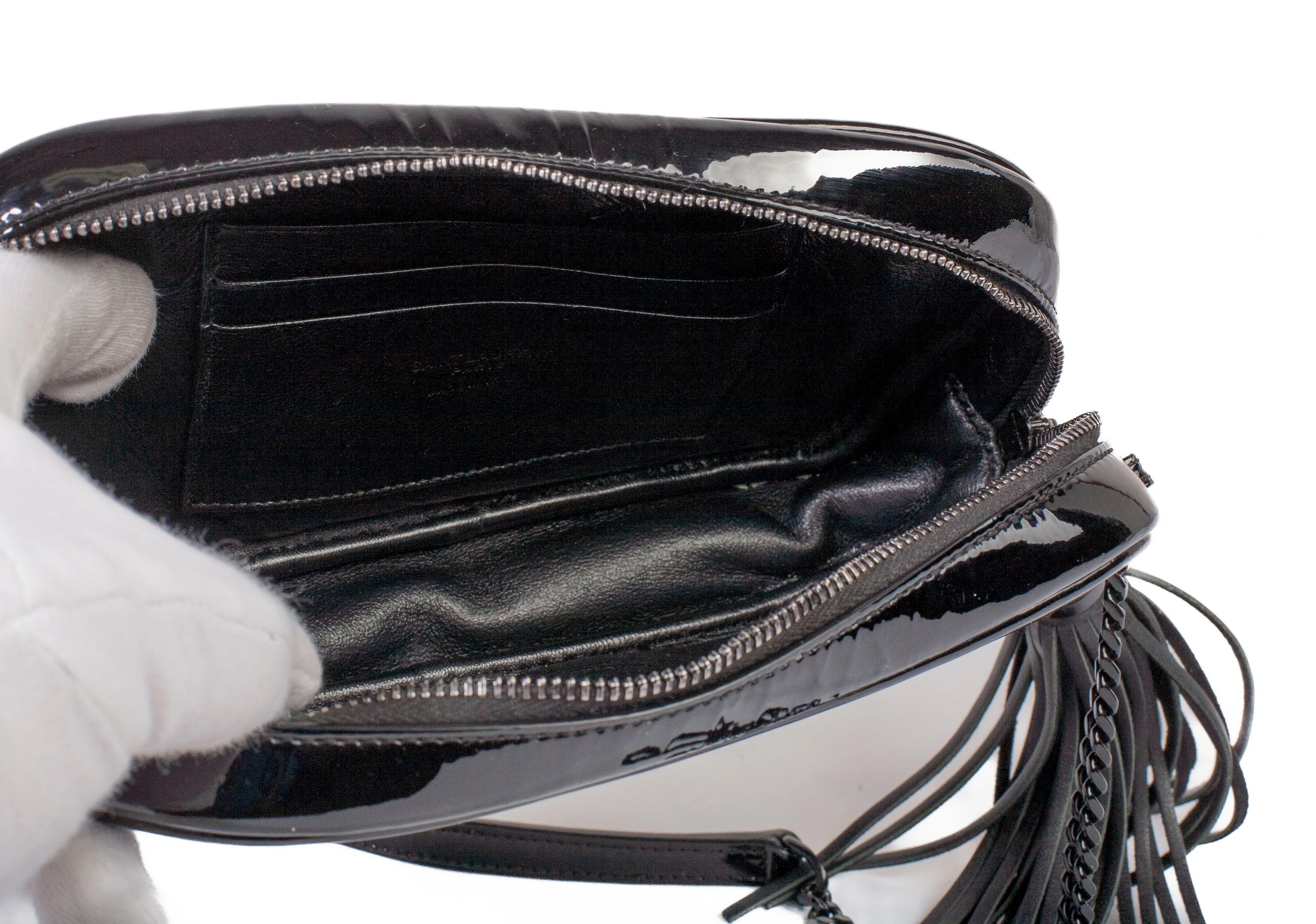 Authentic Saint Laurent Patent Matelassé Monogram Mini Lou Black Camera Bag