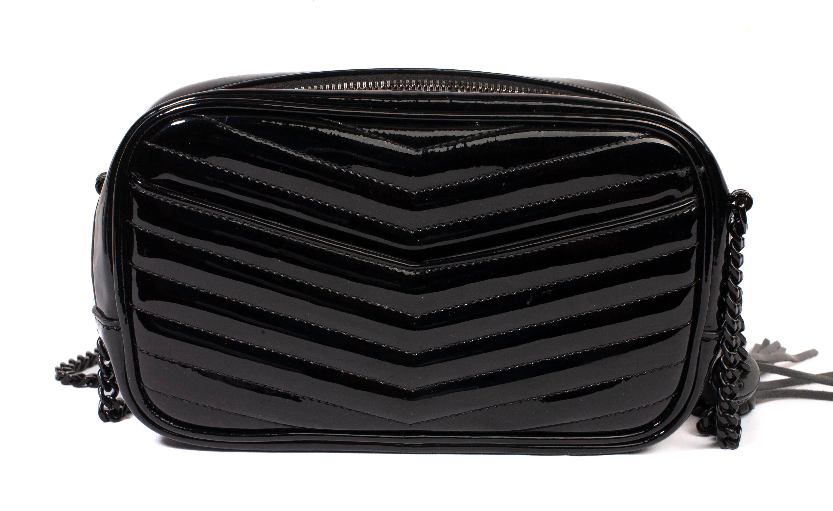 Authentic Saint Laurent Patent Matelassé Monogram Mini Lou Black Camera Bag