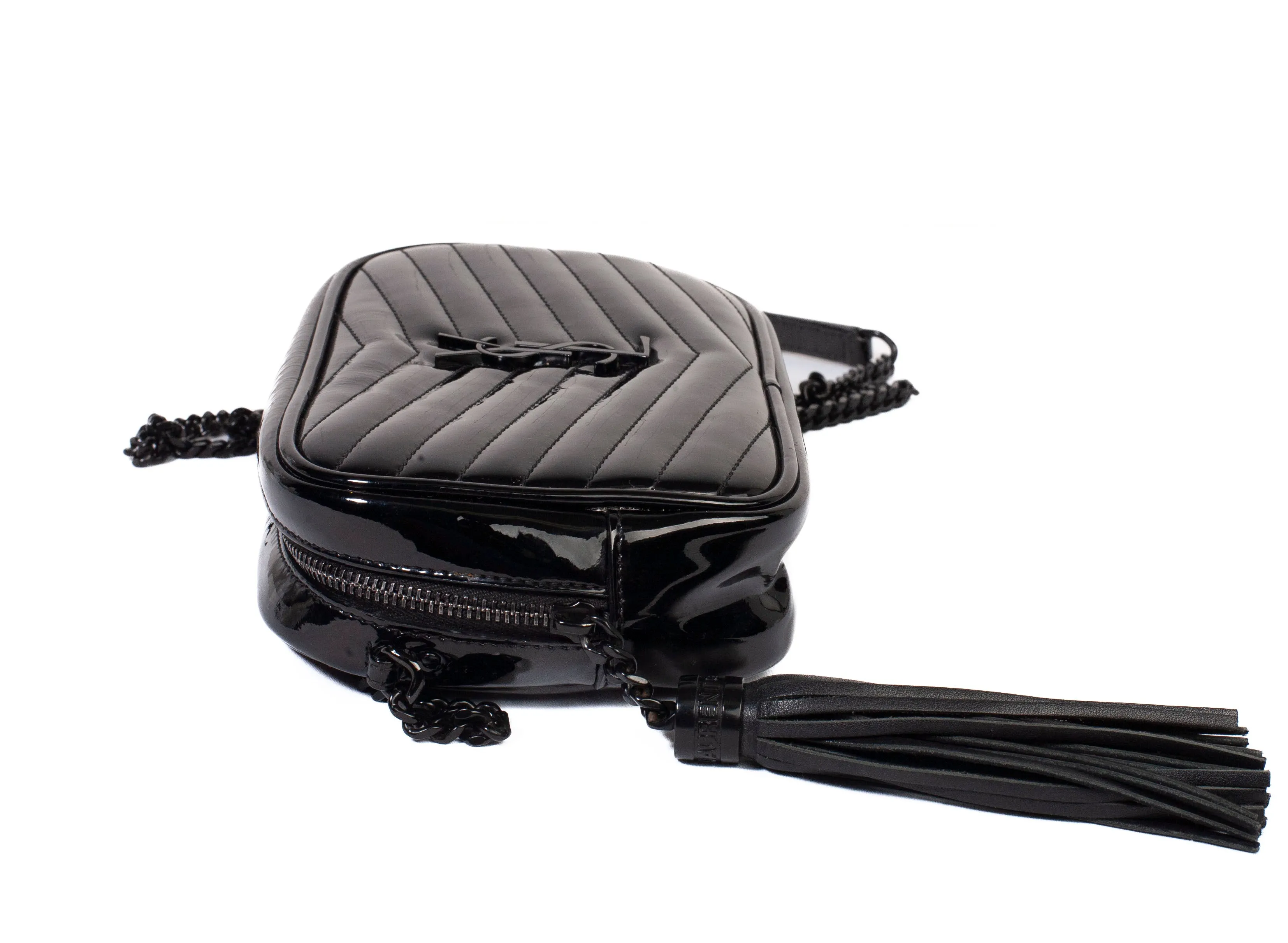 Authentic Saint Laurent Patent Matelassé Monogram Mini Lou Black Camera Bag