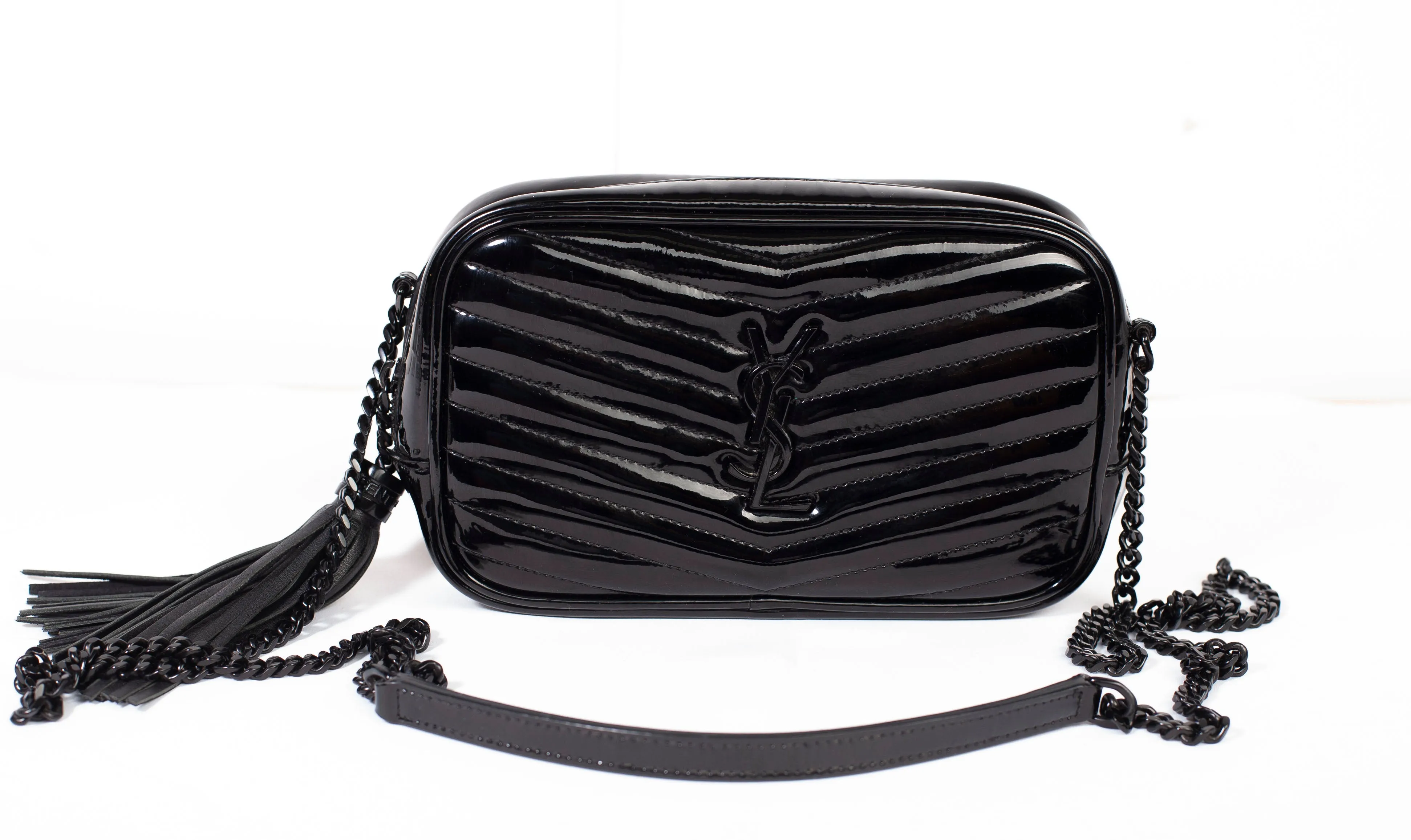 Authentic Saint Laurent Patent Matelassé Monogram Mini Lou Black Camera Bag