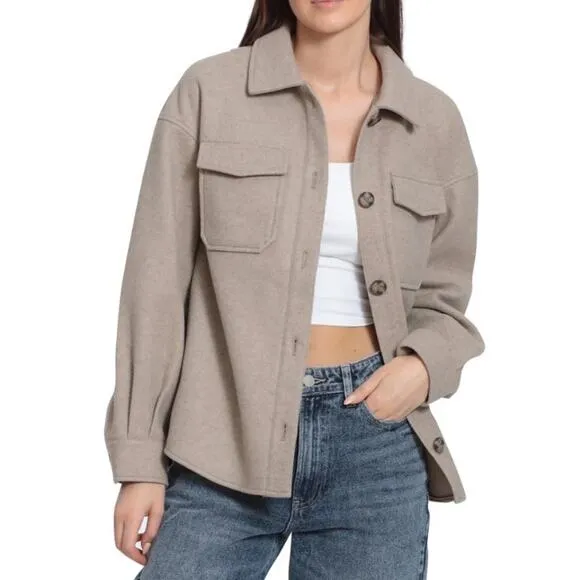 AVEC LES FILLES Button Front Boyfriend Shacket Oat Melange 69663 Women's Large