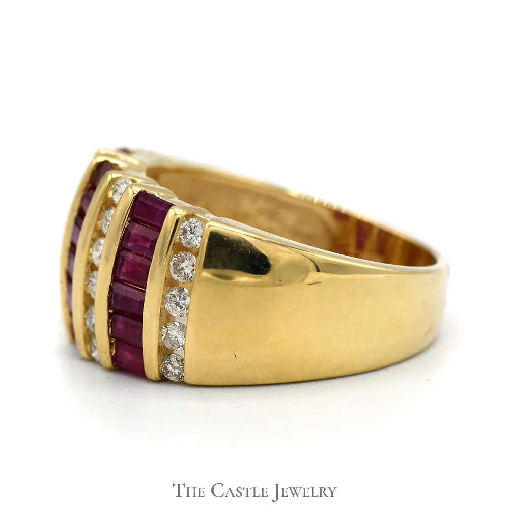 Baguette Ruby and Round Diamond Cluster Band in 14k Yellow Gold